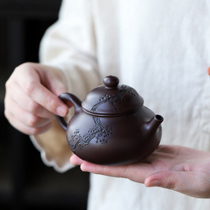 Maitreya Teapot Plum Blossom Carved Yixing Purple Clay 260ml