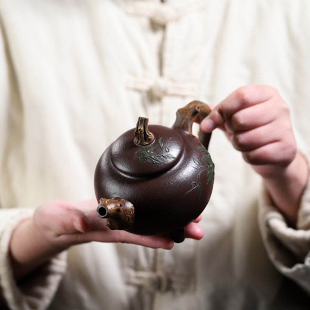 Purple Clay Teapot Gourd Three-Legged Branch Handle 340ml