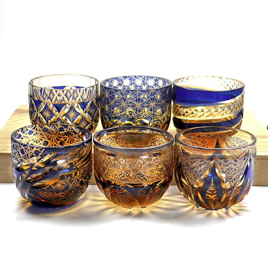 Edo Kiriko Sake Cup Set of 6 Amber Blue Chrysanthemum