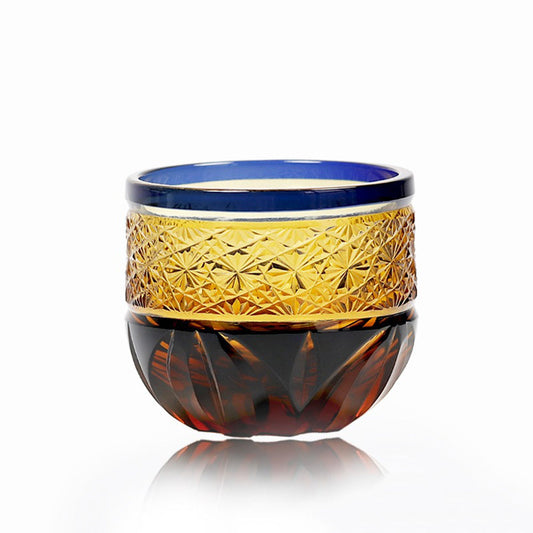 Edo Kiriko Sake Cup Set of 6 Amber Blue Chrysanthemum