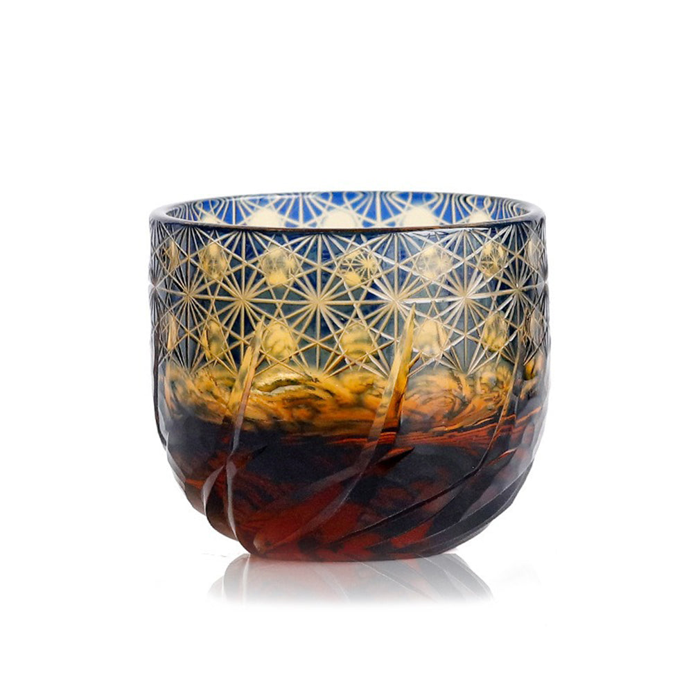 Edo Kiriko Sake Cup Set of 6 Amber Blue Chrysanthemum