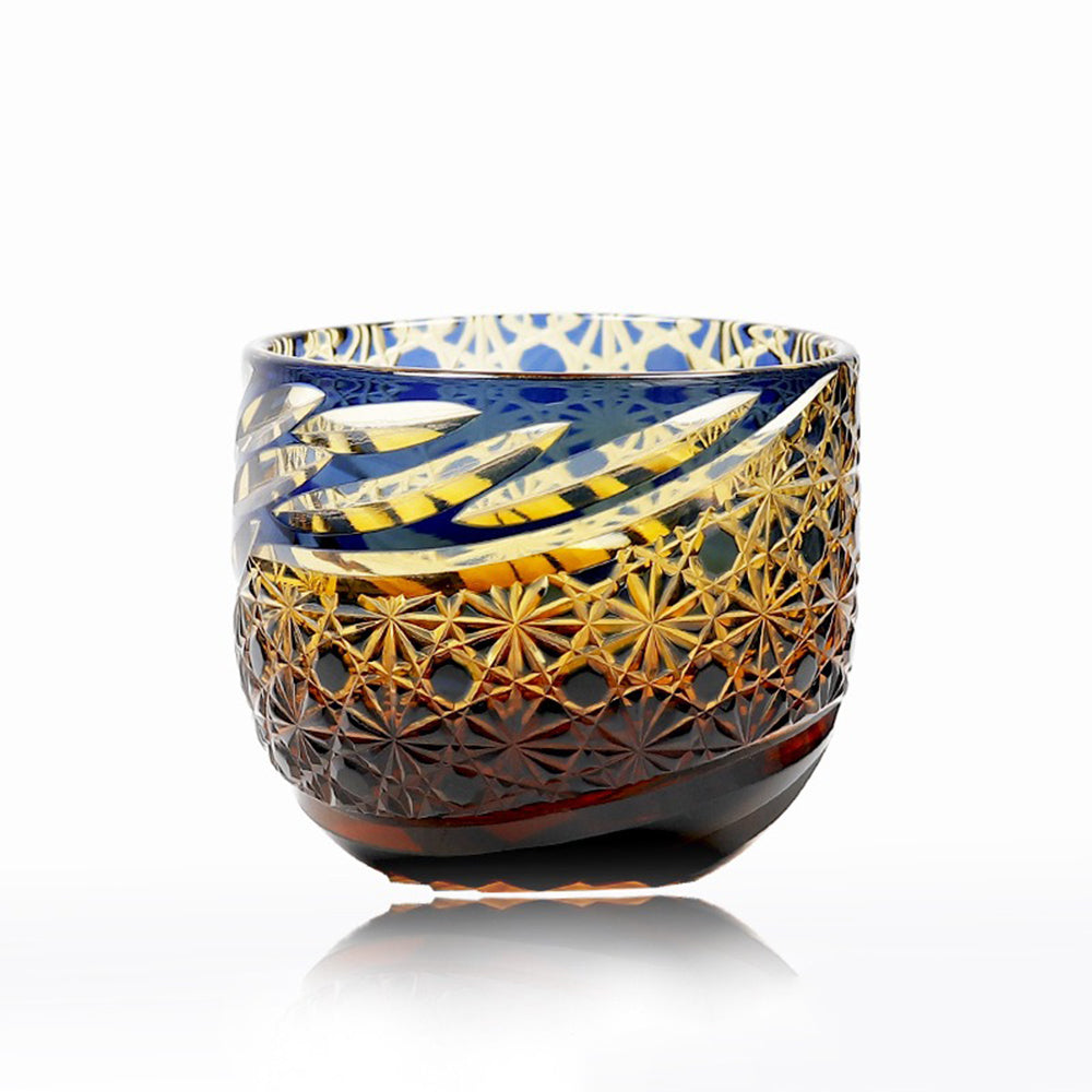 Edo Kiriko Sake Cup Set of 6 Amber Blue Chrysanthemum