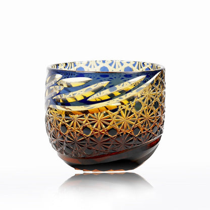 Edo Kiriko Sake Cup Set of 6 Amber Blue Chrysanthemum