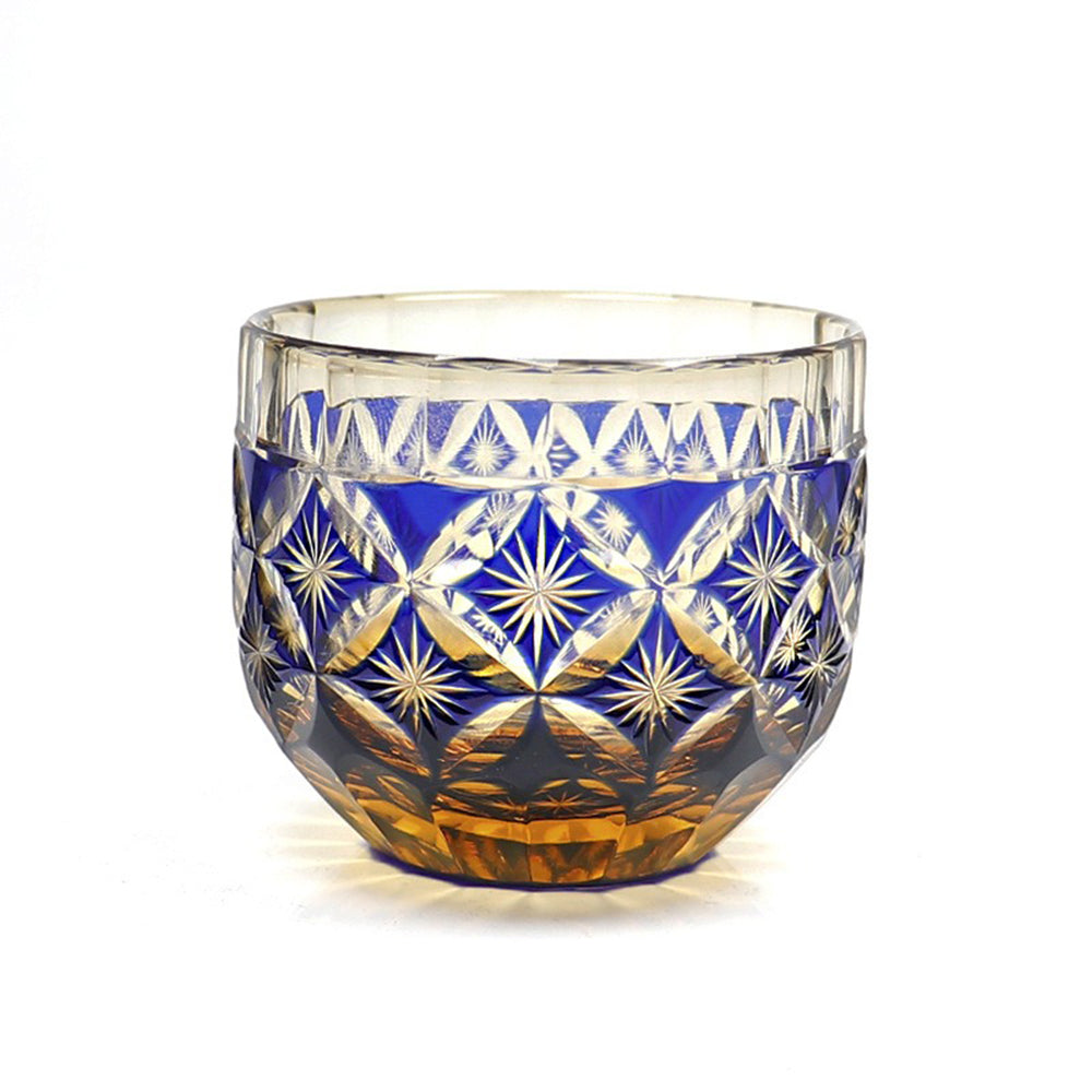 Edo Kiriko Sake Cup Set of 6 Amber Blue Chrysanthemum