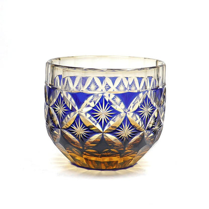 Edo Kiriko Sake Cup Set of 6 Amber Blue Chrysanthemum