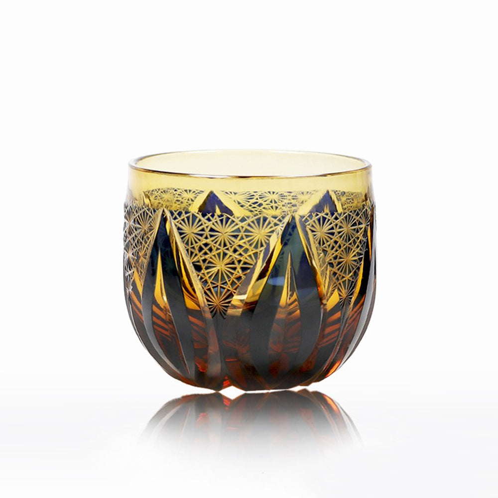 Edo Kiriko Sake Cup Set of 6 Amber Blue Chrysanthemum