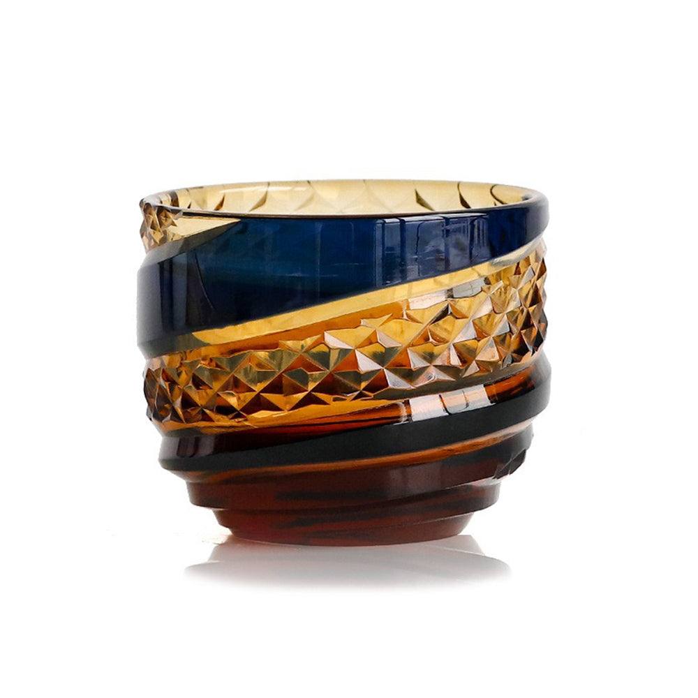 Edo Kiriko Sake Cup Set of 6 Amber Blue Chrysanthemum