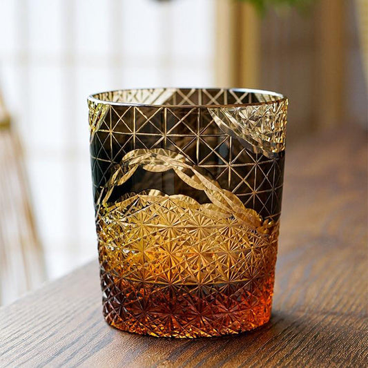 Edo Kiriko Whisky Glass Prism Chrysanthemum Amber 240ml