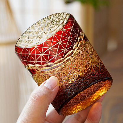 Edo Kiriko Whisky Glass Prism Chrysanthemum Amber 240ml