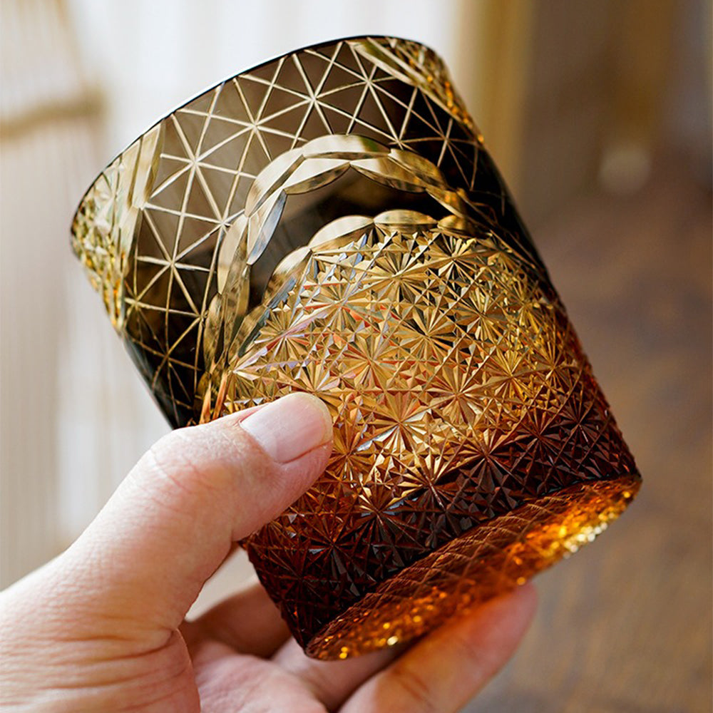 Edo Kiriko Whisky Glass Prism Chrysanthemum Amber 240ml