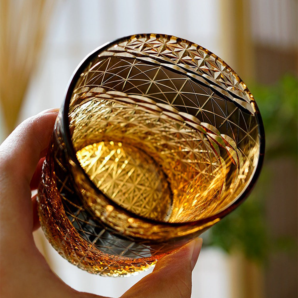 Edo Kiriko Whisky Glass Prism Chrysanthemum Amber 240ml