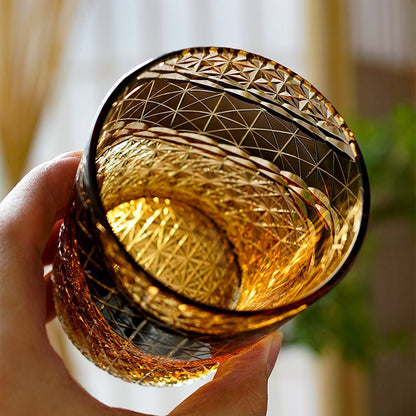 Edo Kiriko Whisky Glass Prism Chrysanthemum Amber 240ml