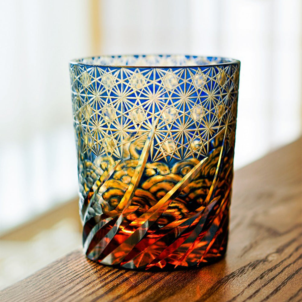 Edo Kiriko Amber Blue Whisky Glass Aokai Wave & Star