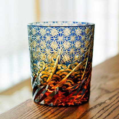 Edo Kiriko Amber Blue Whisky Glass Aokai Wave & Star