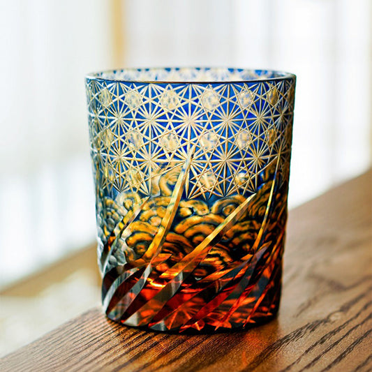 Edo Kiriko Amber Blue Whisky Glass Aokai Wave & Star