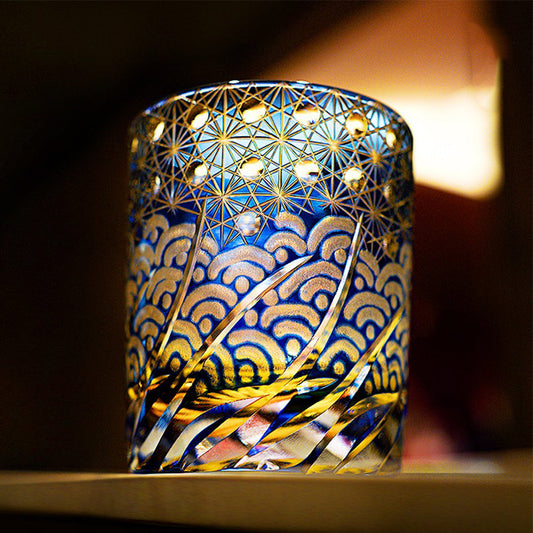 Edo Kiriko Amber Blue Whisky Glass Aokai Wave & Star