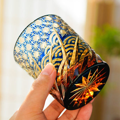 Edo Kiriko Amber Blue Whisky Glass Aokai Wave & Star