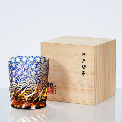 Edo Kiriko Amber Blue Whisky Glass Aokai Wave & Star