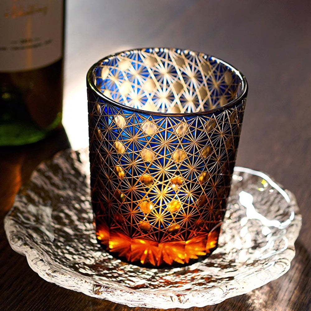 Edo Kiriko Amber Whisky Glass Star Chrysanthemum Cut