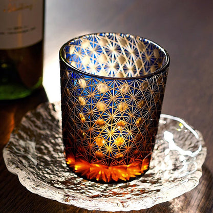 Edo Kiriko Amber Whisky Glass Star Chrysanthemum Cut
