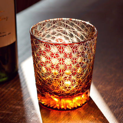 Edo Kiriko Amber Whisky Glass Star Chrysanthemum Cut