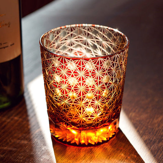 Edo Kiriko Amber Whisky Glass Star Chrysanthemum Cut