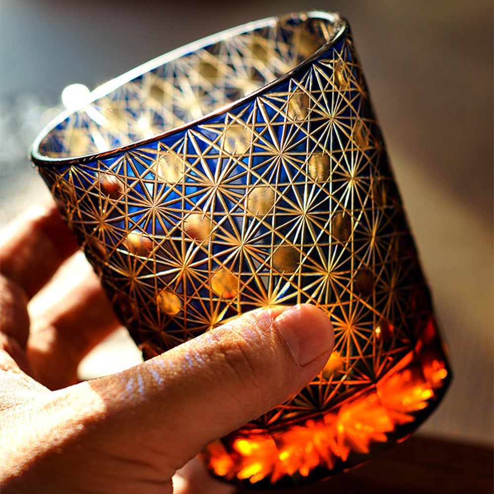 Edo Kiriko Amber Whisky Glass Star Chrysanthemum Cut