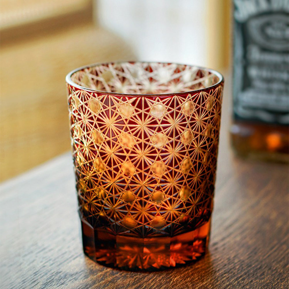 Edo Kiriko Amber Whisky Glass Star Chrysanthemum Cut