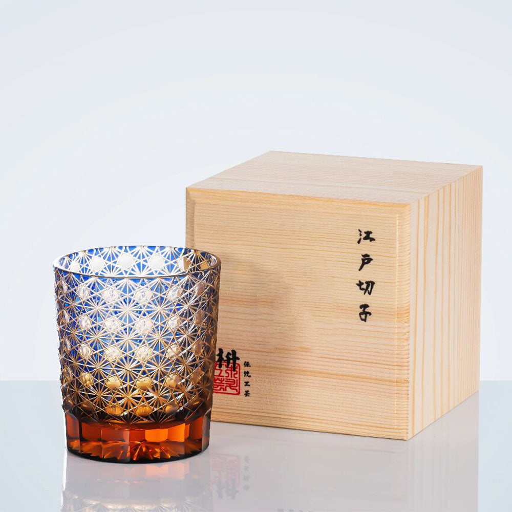 Edo Kiriko Amber Whisky Glass Star Chrysanthemum Cut