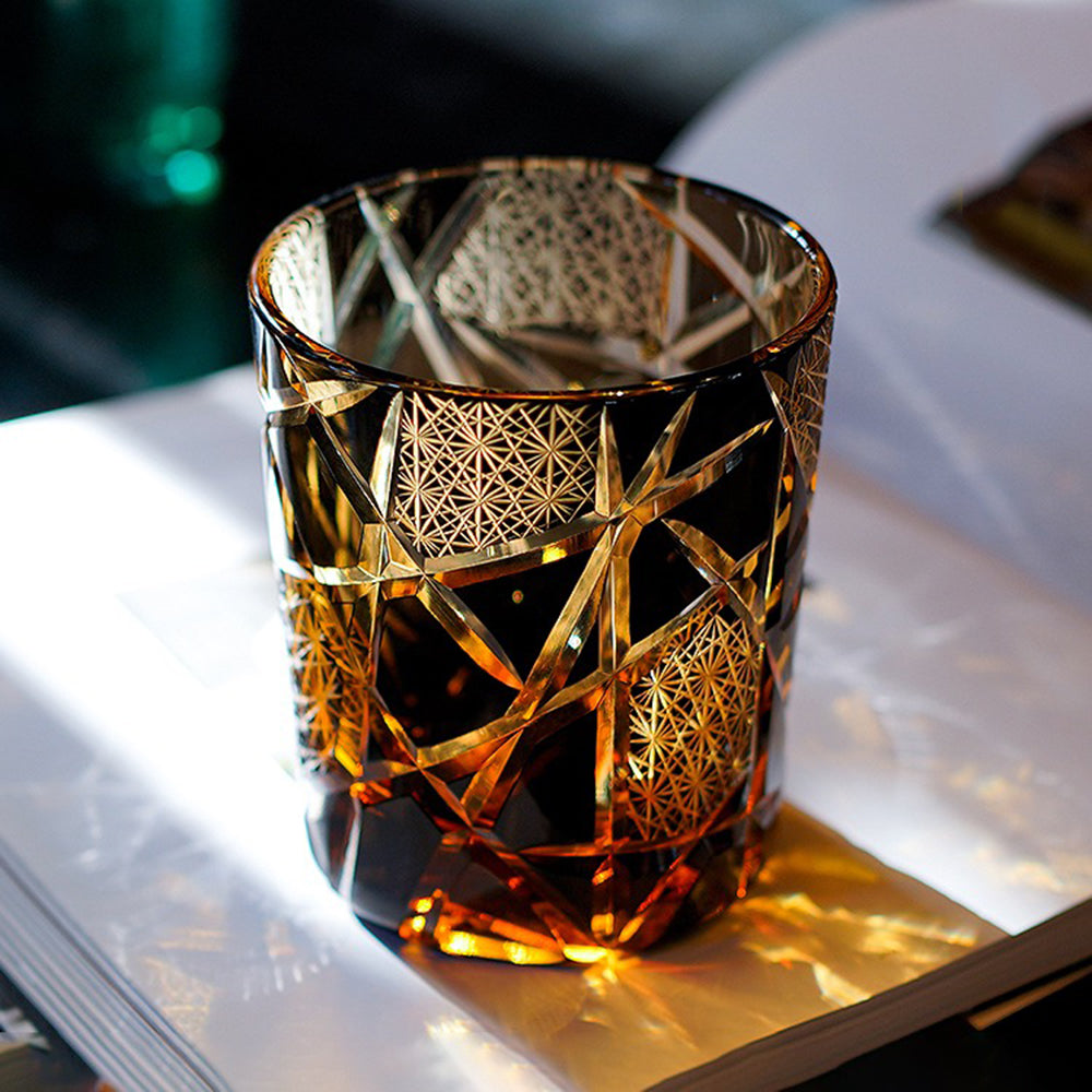 Edo Kiriko Lightning Whisky Glass – Amber Gold Cut