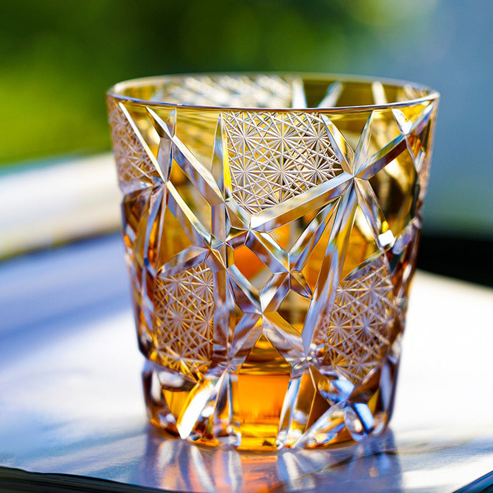 Edo Kiriko Lightning Whisky Glass – Amber Gold Cut