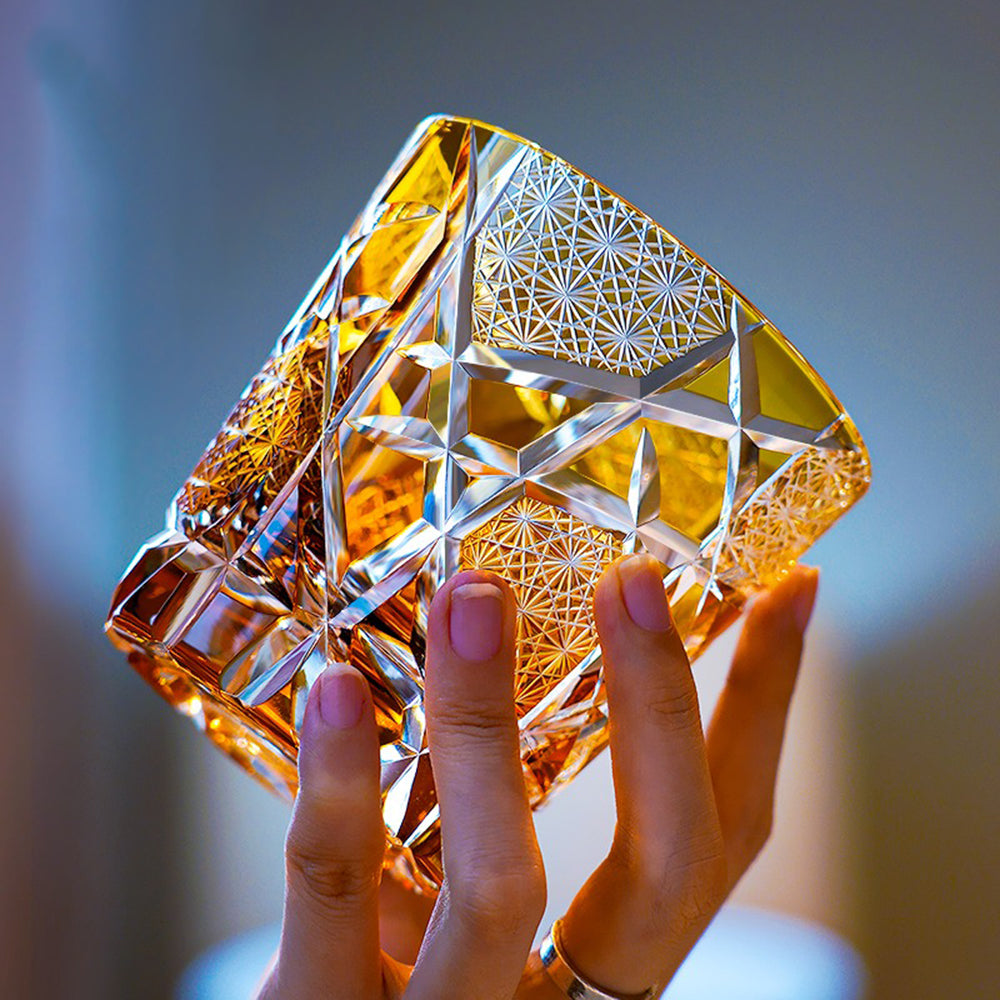 Edo Kiriko Lightning Whisky Glass – Amber Gold Cut