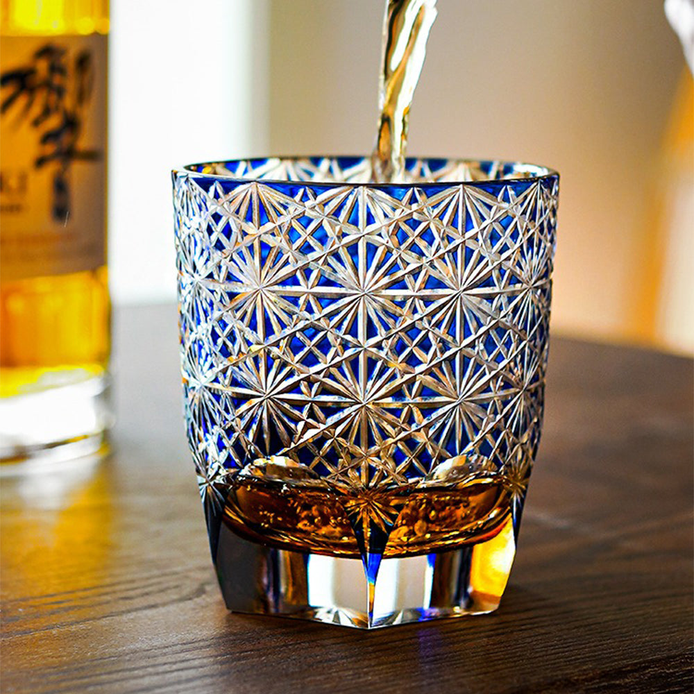 Edo Kiriko Whisky Glass Star Chrysanthemum Royal Blue 260ml