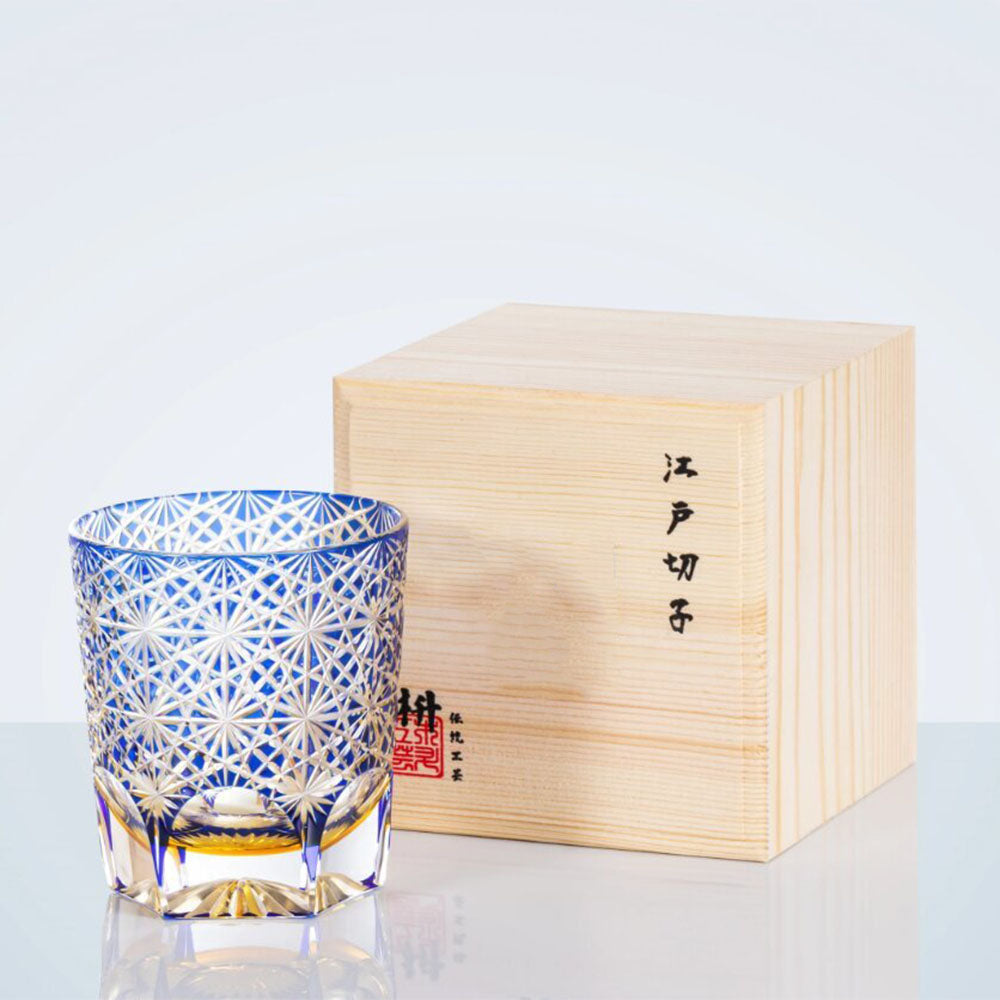 Edo Kiriko Whisky Glass Star Chrysanthemum Royal Blue 260ml