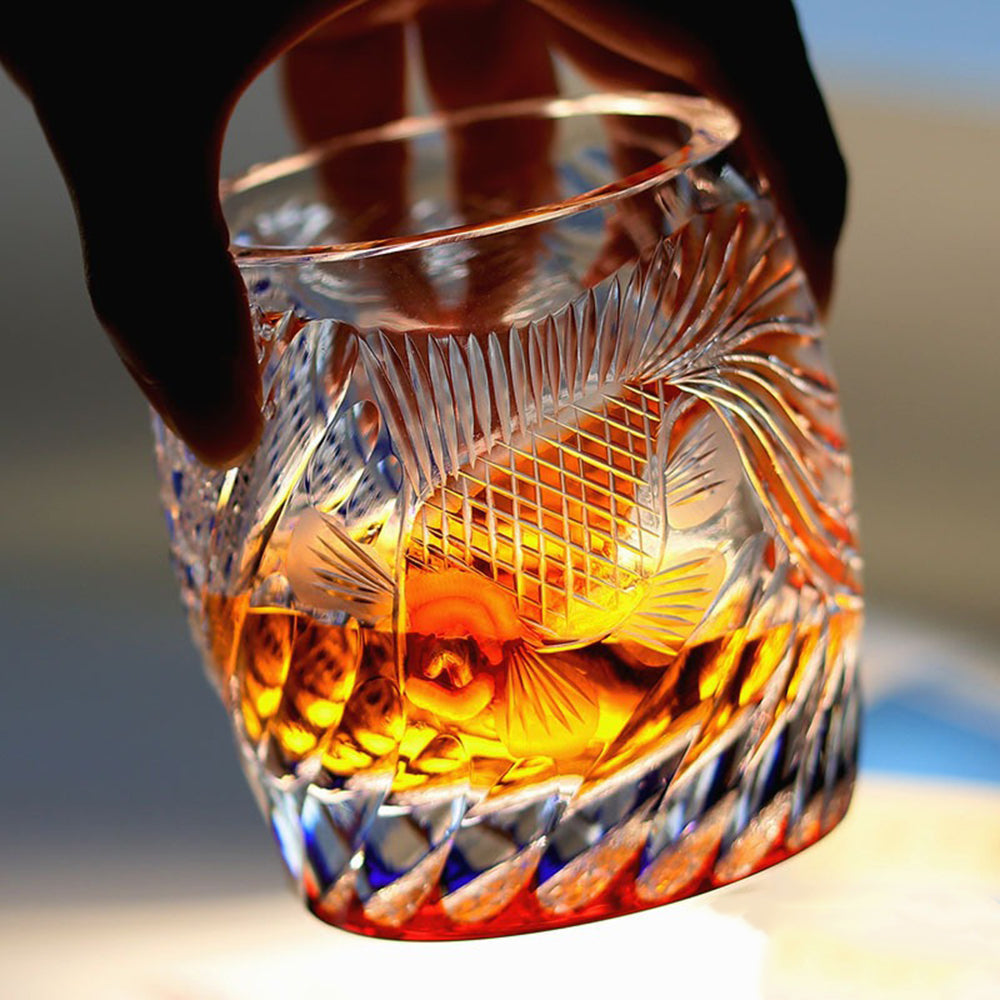 Edo Kiriko Koi Fish Whisky Glass – Amber Blue