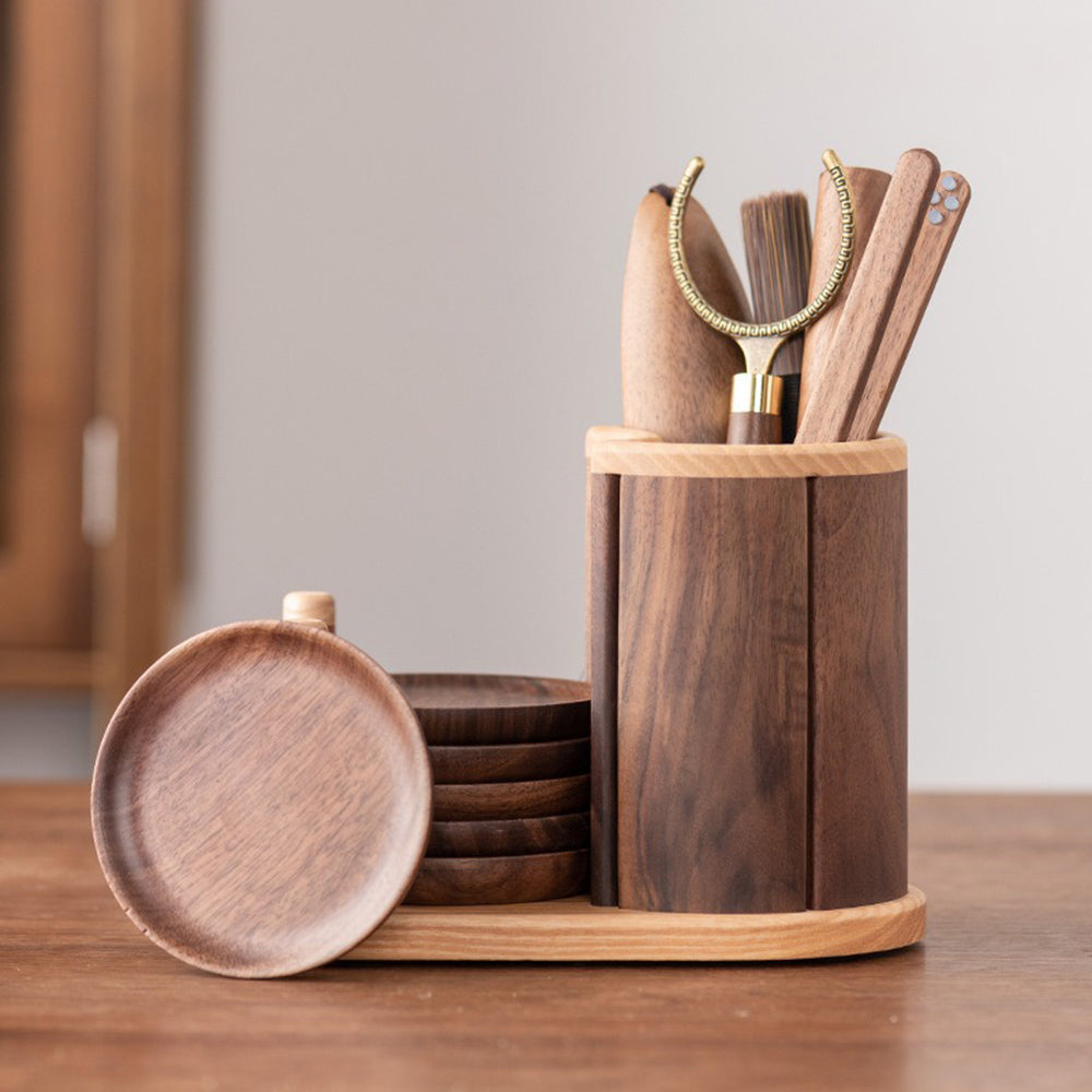 Walnut Wood Tea Utensils Set with 6 Coasters | Gongfu Tea Tools Kit Copper Accents