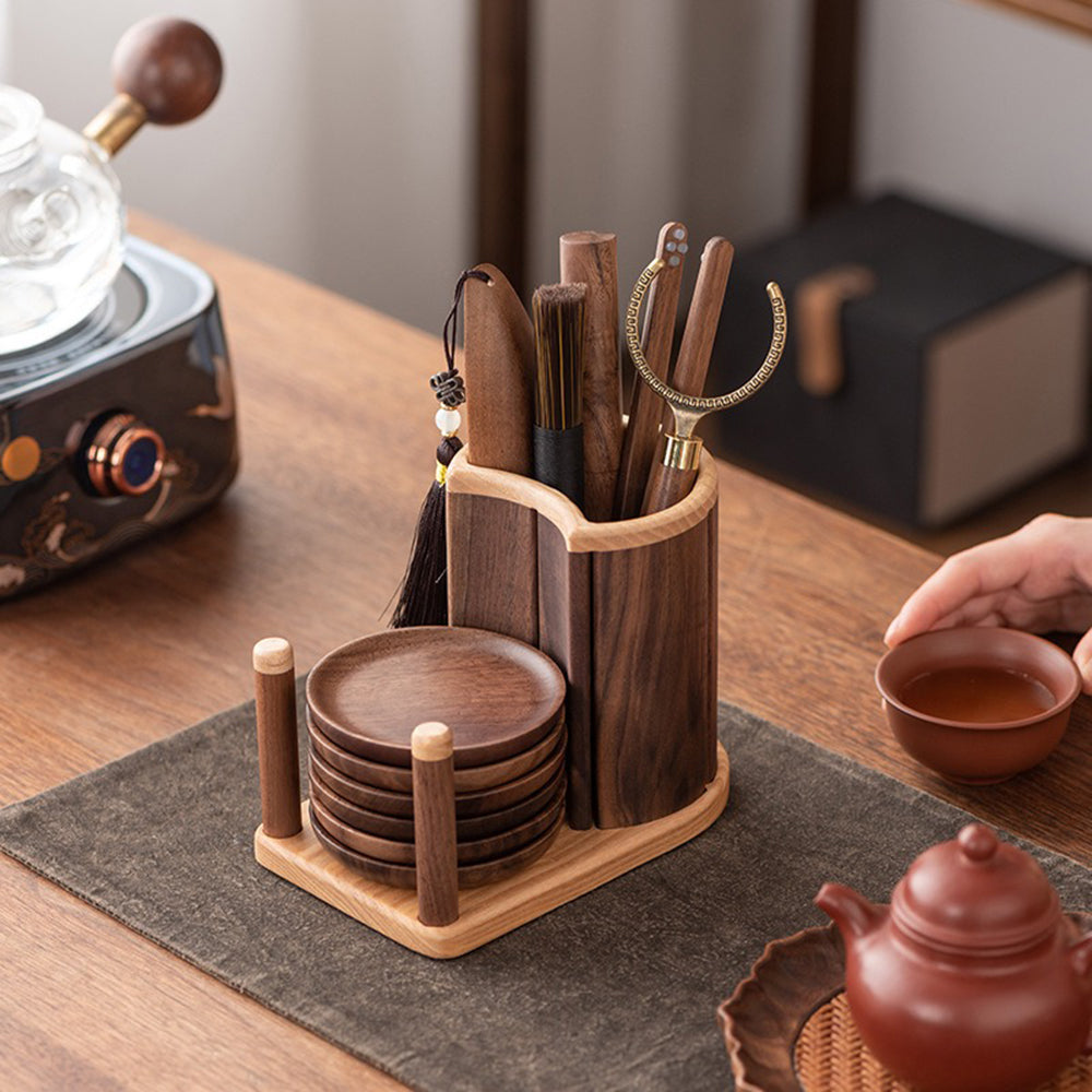 Walnut Wood Tea Utensils Set with 6 Coasters | Gongfu Tea Tools Kit Copper Accents