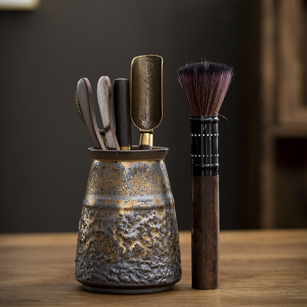 Kung Fu Tea Ceremony Set Ebony Wood Gilded Ceramic Holder