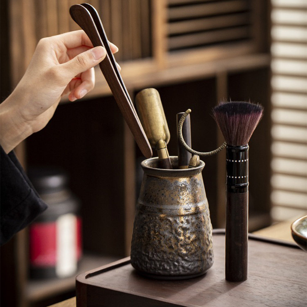 Kung Fu Tea Ceremony Set Ebony Wood Gilded Ceramic Holder