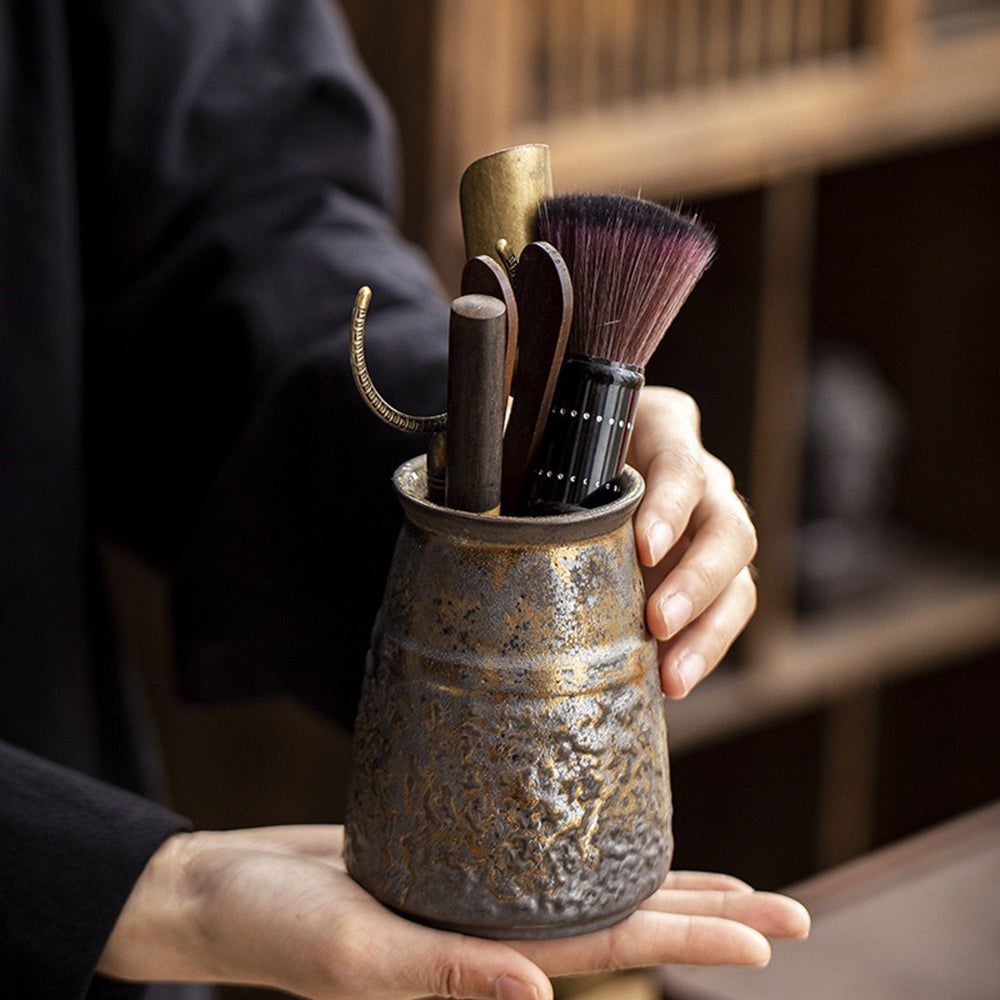 Kung Fu Tea Ceremony Set Ebony Wood Gilded Ceramic Holder