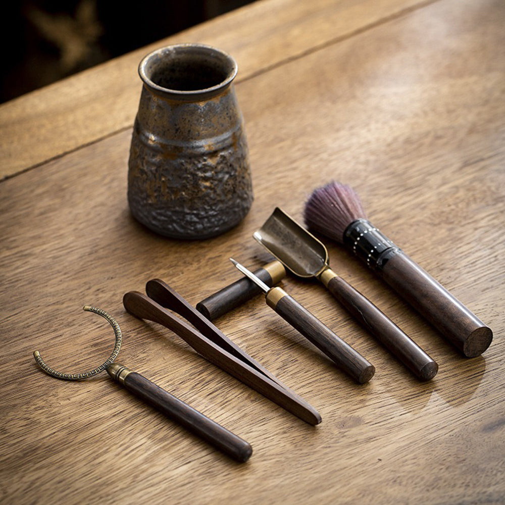 Kung Fu Tea Ceremony Set Ebony Wood Gilded Ceramic Holder