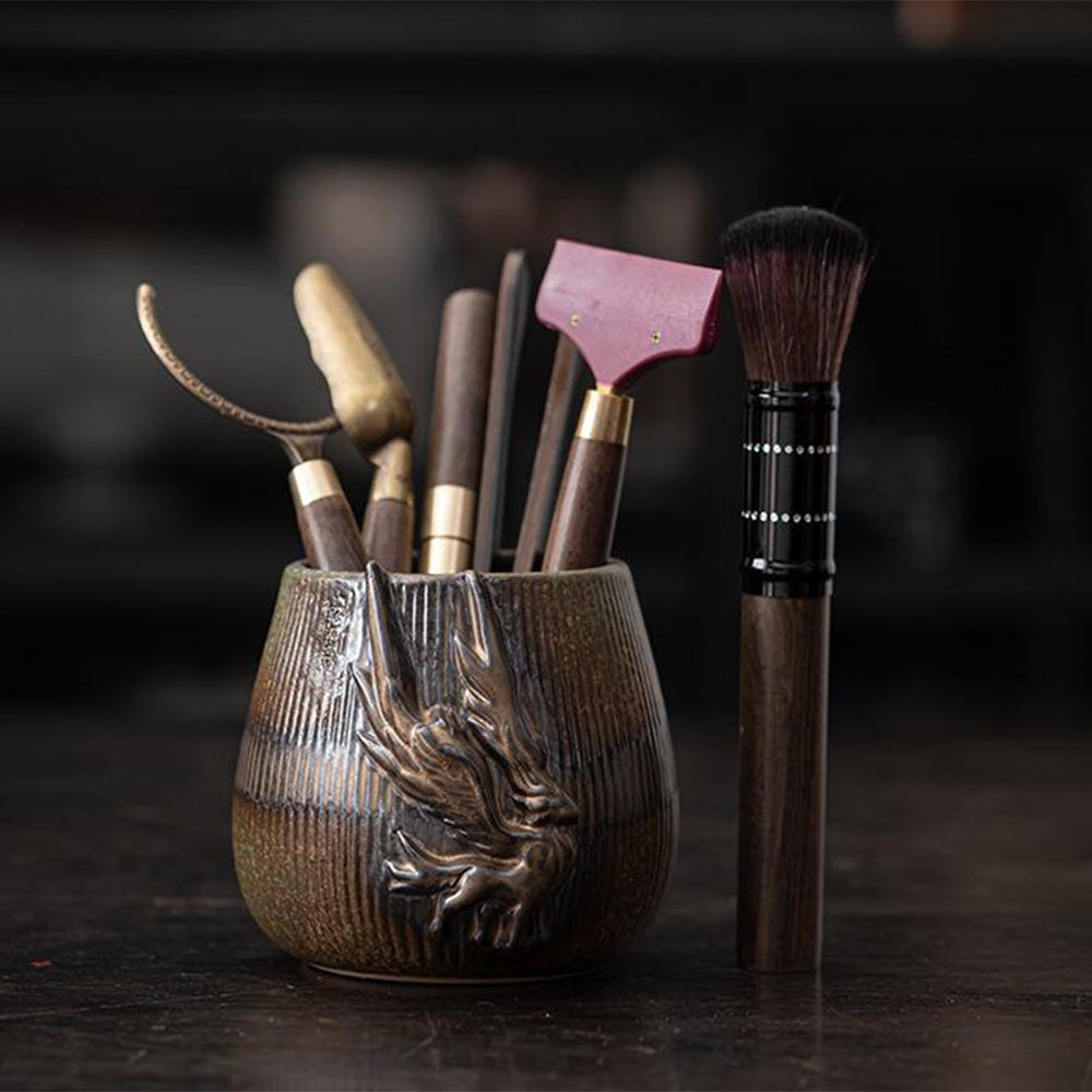 Tea Ceremony Set Ebony Wood Bronze Bifang Ceramic Holder