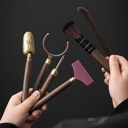 Tea Ceremony Set Ebony Wood Bronze Bifang Ceramic Holder