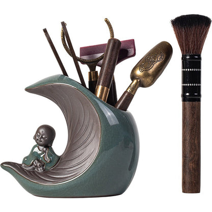 Ebony Copper Tea Utensil Set — Ceramic Moon Monk Holder