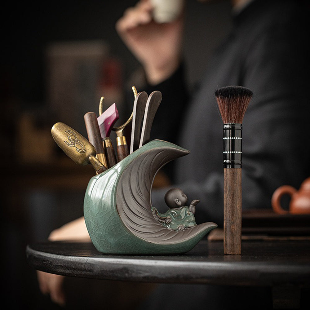 Ebony Copper Tea Utensil Set — Ceramic Moon Monk Holder
