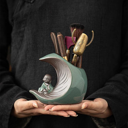 Ebony Copper Tea Utensil Set — Ceramic Moon Monk Holder