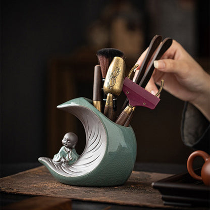 Ebony Copper Tea Utensil Set — Ceramic Moon Monk Holder