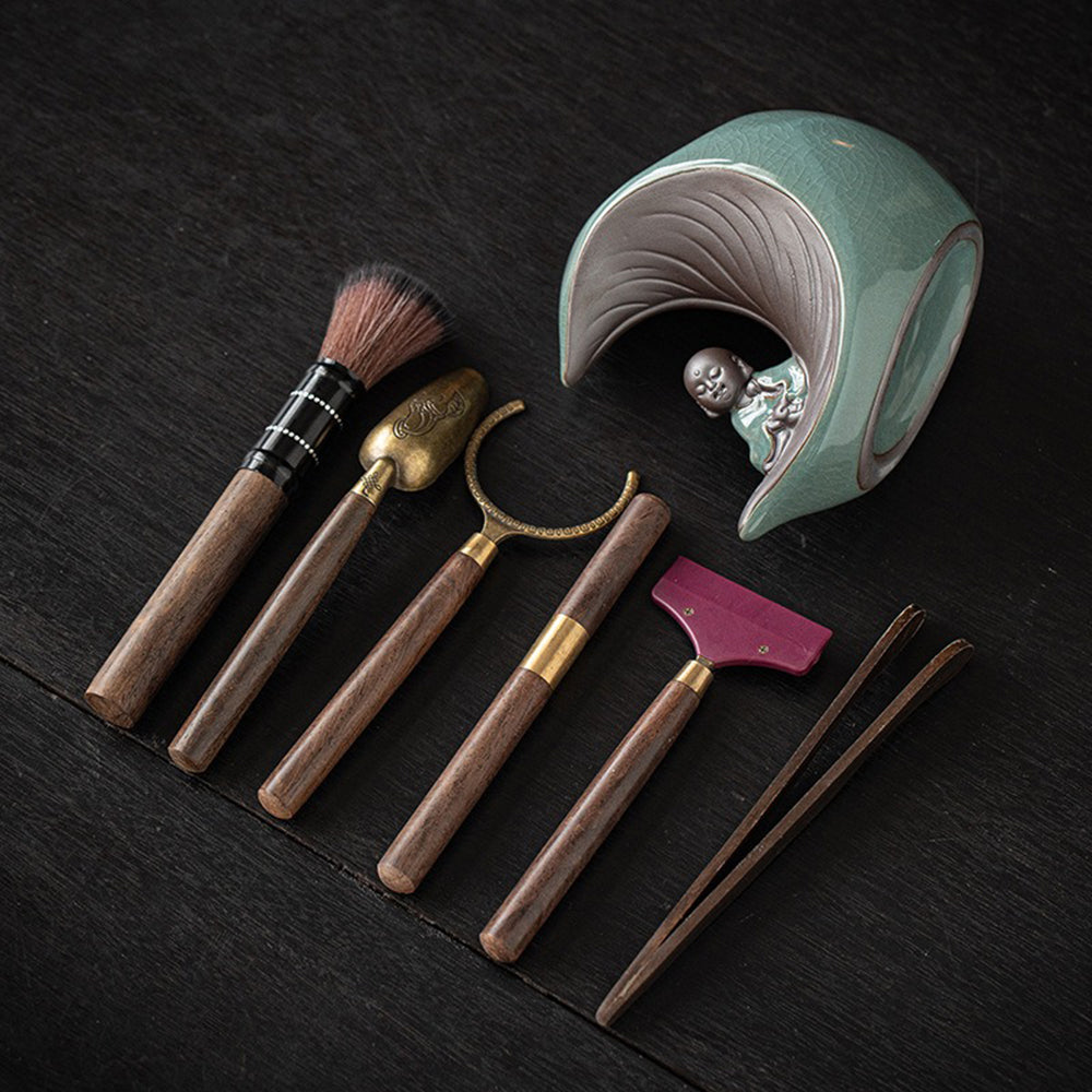 Ebony Copper Tea Utensil Set — Ceramic Moon Monk Holder
