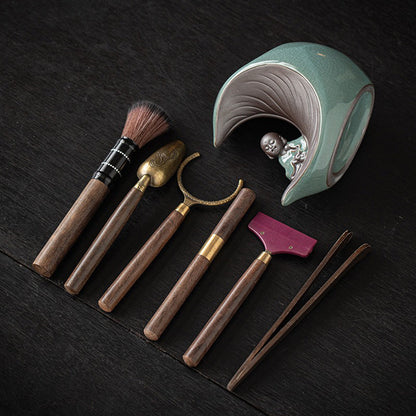 Ebony Copper Tea Utensil Set — Ceramic Moon Monk Holder