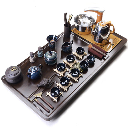 Gongfu Tea Set Tenmoku Glaze | Automatic Wood Tea Tray